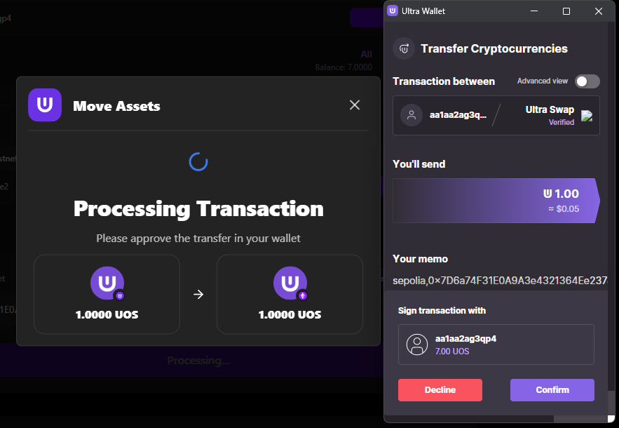 Ultra to EVM Transaction Confirmation