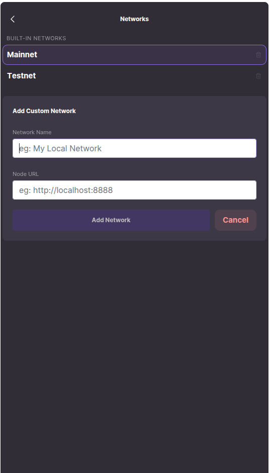 Add Custom Network form
